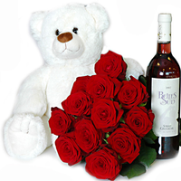 Romantisch Cadeau Rode Rozen + Knuffelbeer En Fles Wijn